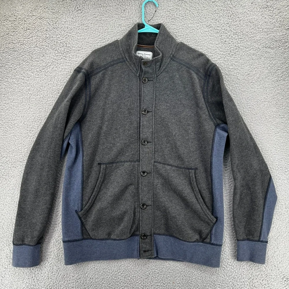 Tommy‎ Bahama Sweater Mens XL Gray Blue Button Island Modern Fit Mock Fleece